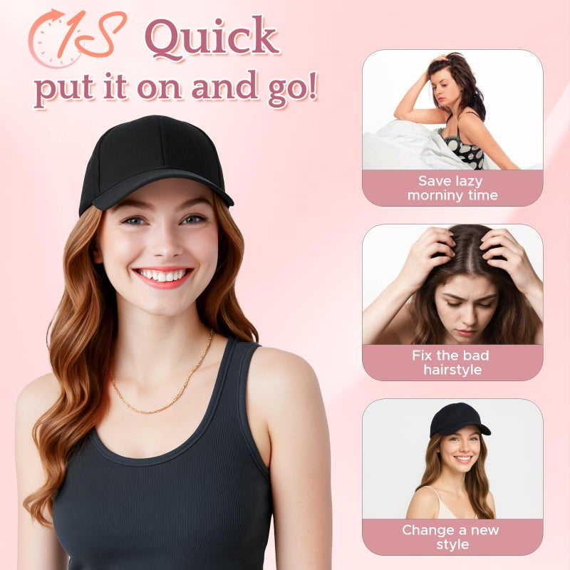 SEGO Hat Wig, Hat with Hair Attached for Women Black Baseball Cap with Hair Extensions, Long Wavy Baseball Cap Wig Adjustable Hats for Daily Party 16 Inch #4A Black Brown - Image 2